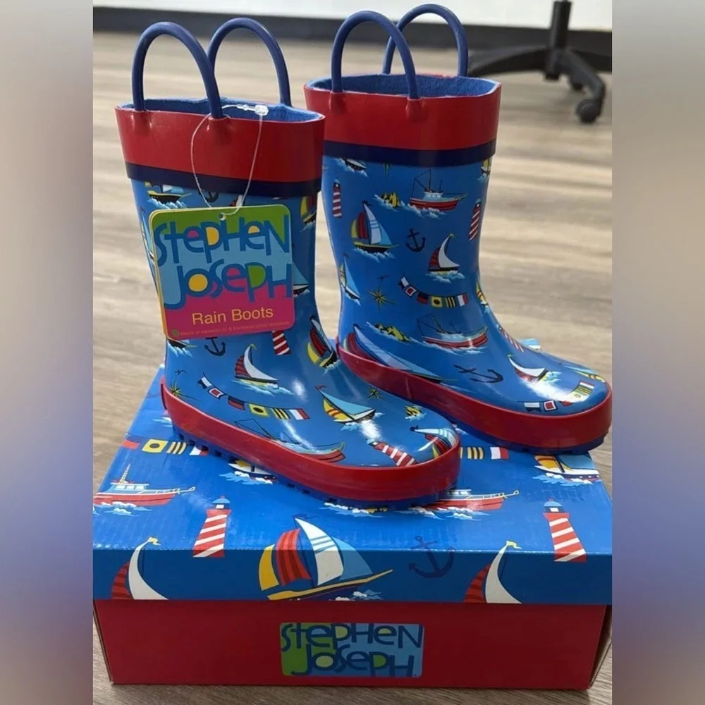 Stephen Joseph Rain Boots Boys Size 9 Sailboat, Boats, Anchor,Rubber NWT
